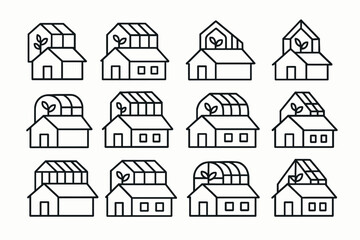 Set of twelve minimalist plant house icons with varying architectural designs