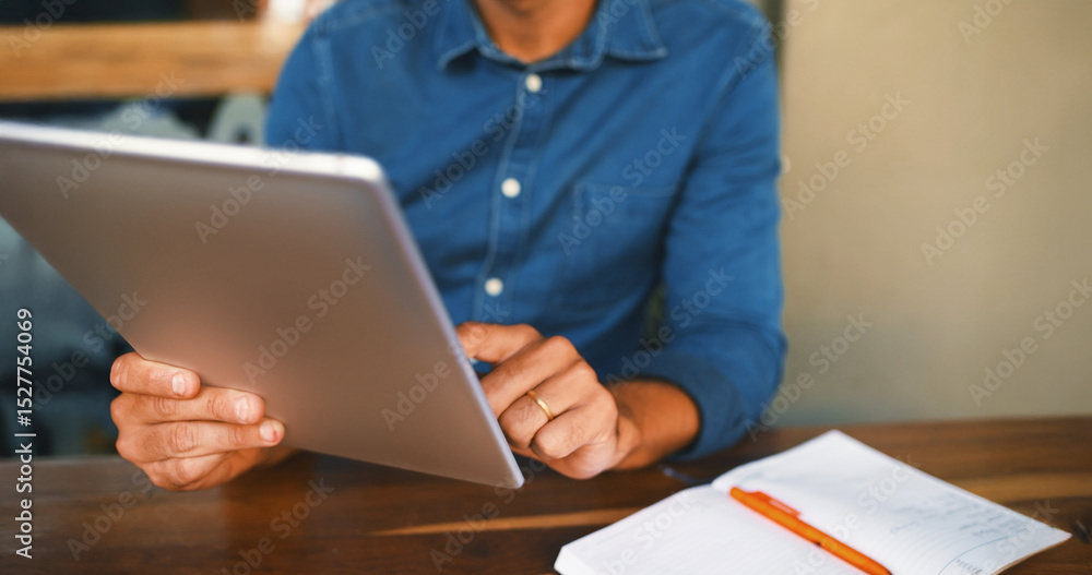 Aufkleber remote work, person or hands with tablet at cafe for editor feedback, reading publication or email. 