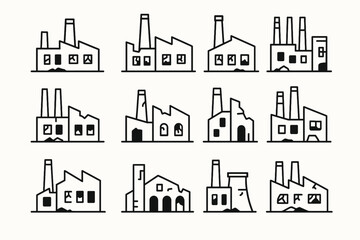 Fototapeta premium Set of twelve industrial factory icons with smokestacks in black and white