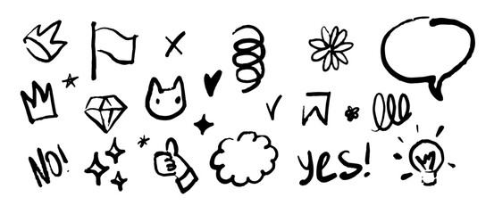 Set of hand-drawn black doodle icons including speech bubble, flower, cat face, crown, light bulb, flag, cloud, check mark, and decorative element