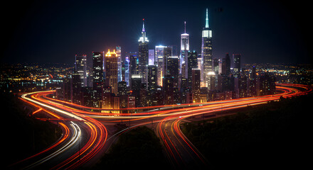 Fototapeta premium Night Cityscape: Illuminated Skyline and Traffic Trails