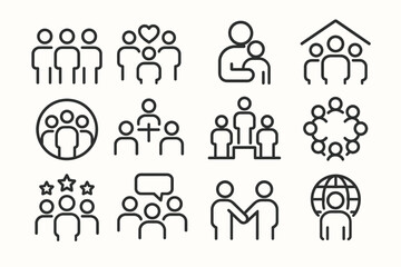 Community and family icons set representing support and unity