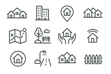 Set of housing and community icons including buildings maps and connectivity symbols