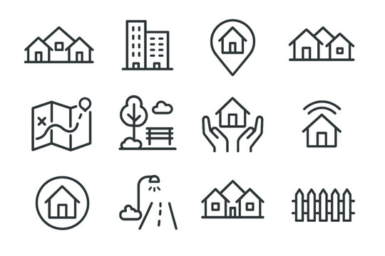 Set of housing and community icons including buildings maps and connectivity symbols