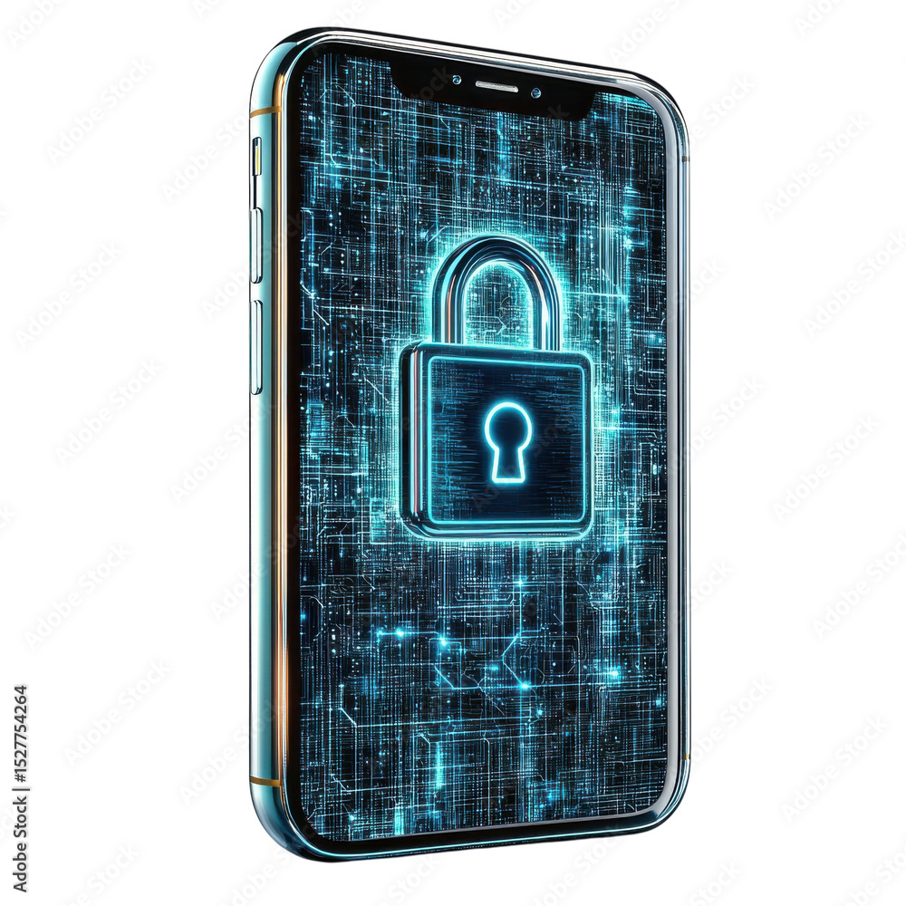 Poster cyber security on mobile device smartphone data protection lock and on transparent background
