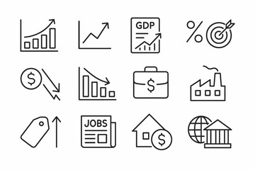 Economic icons set: gdp, growth, market trends, jobs, and banking symbols