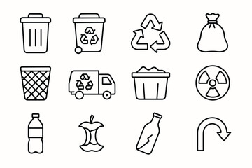 Recycling and waste management icons: bins, truck, recycling symbols, hazard symbols, compost