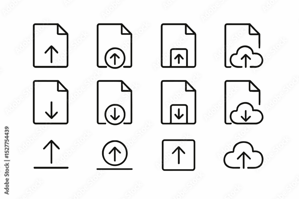 Poster set of simple file upload and download icons in black and white