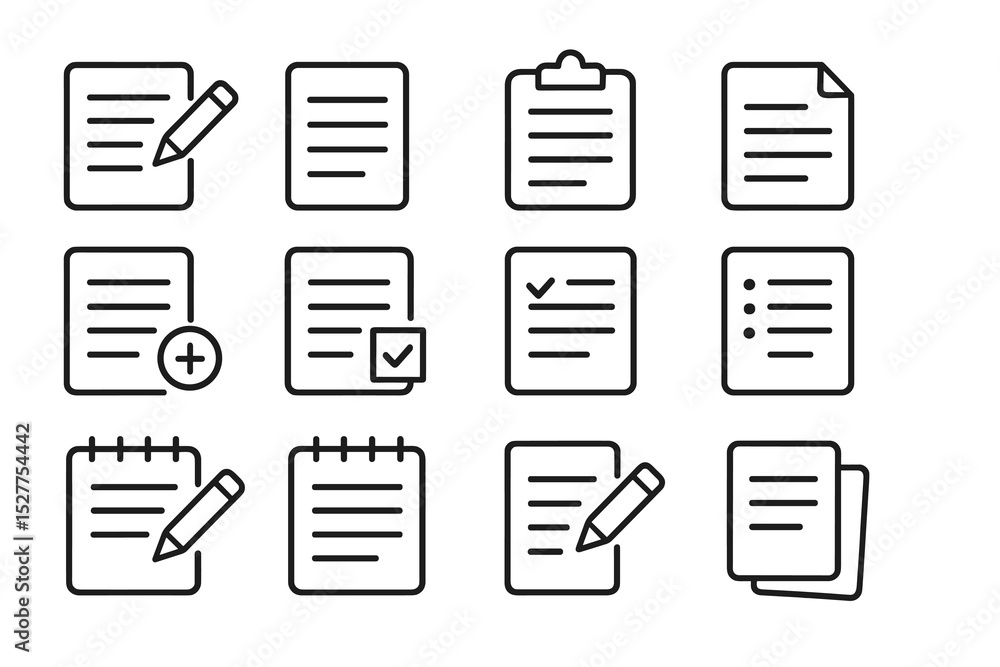 Poster set of minimalist document and list icons in black and white