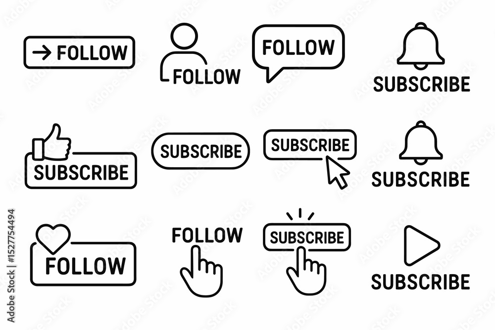 Poster subscribe and follow icons collection: social media interaction symbols