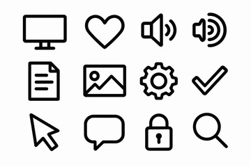 Simple black outline icons for multimedia and communication applications