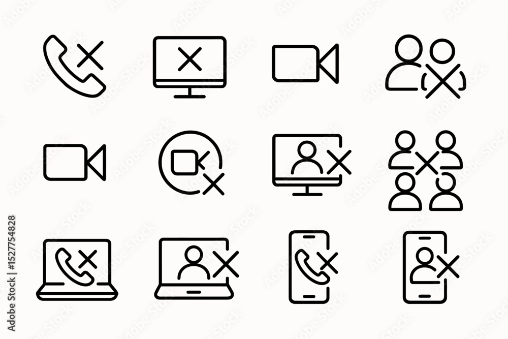 Poster minimalist communication and video call icon set with crossed-out symbols