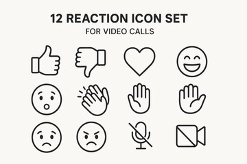 Set of 12 reaction icons for video calls: thumbs up, heart, smile, clap, mute