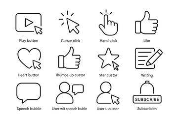 Simple line icons: play, cursor, hand, like, heart, star, writing, speech, user, subscribe