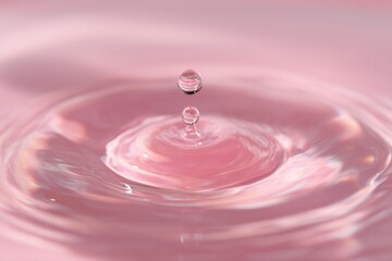 High-Speed Water Droplet Splash in Pink Surface, Close-Up Photography Explores Water Dynamics, Concept of Hydration and Beauty