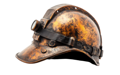 Worn out, old fashioned helmet with a black visor and a black strap