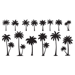 Obraz premium Set of black palm tree silhouettes isolated on white background. Vector illustration.