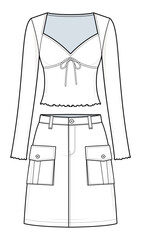 Sweetheart Lettuce Trim Knotted Top with Cargo Skirt Technical Fashion Illustration. Women’s Front View Outfit Vector Template. Stylish Casualwear. Cute Top and Utility Skirt Set. CAD Mockup set.