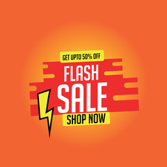 Flash Sale White Text 50% Off Shop Now with Yellow Electric Icon on Orange and White Background Vector

