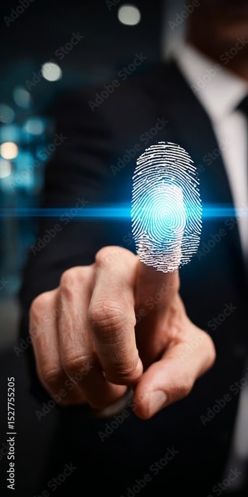 Poster futuristic access control using digital scanning and biometric fingerprints for security.