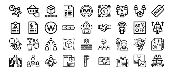 Business deal workflow icons set marketing strategy