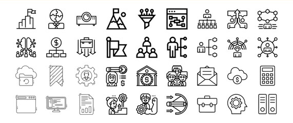 Business strategy icons set management teamwork planning