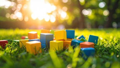 Glossy toy blocks toppled over soft green grass, sunlight catching edges to enhance their playful energy