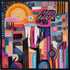 Modern art abstract painting of geometric patterns and folk art elements in a colorful urban landscape