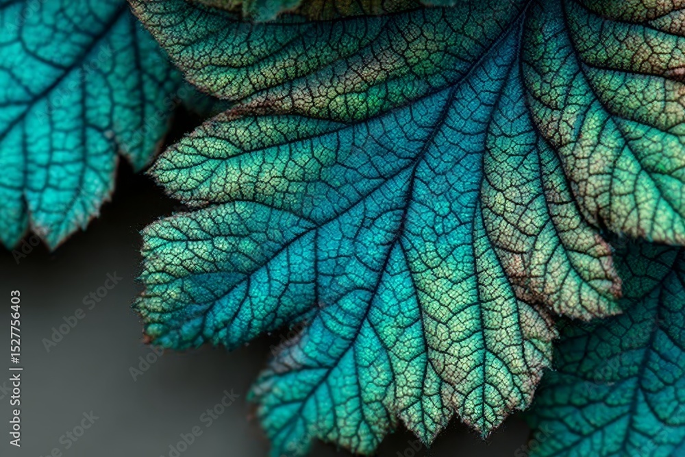 Poster close up of a vibrant leaf with intricate veining patterns against a soft blurred background