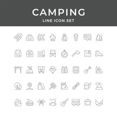 Camping Line Icons Set Wilderness Adventure Exploration Travel