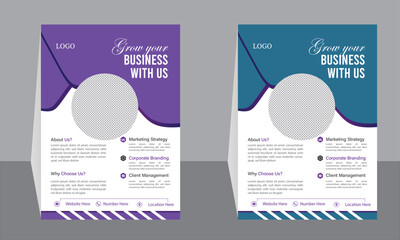 Modern Corporate Flyer Templates with Photo Placeholder – Business Marketing and Branding Design in Purple and Teal.