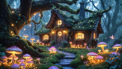 Obraz premium A charming wooden cottage nestled in a mystical forest surrounded by vibrant, glowing mushrooms and twinkling lights. The scene captures the enchanting essence of twilight