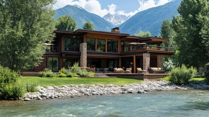 Modern house on a riverbank with mountains in the background