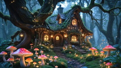 A charming cottage with warm lights is surrounded by vibrant mushrooms and ancient trees in a lush, mystical forest at twilight, creating a magical atmosphere