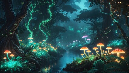 Fototapeta premium Colorful mushrooms glow in various shades along a quiet stream in a dense forest. Tall trees and lush greenery create an enchanting atmosphere under the night sky
