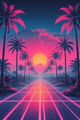 A stunning sunset casts vibrant hues over a palm tree-lined road. A neon grid pathway leads towards the glowing sun, surrounded by a mystical twilight sky