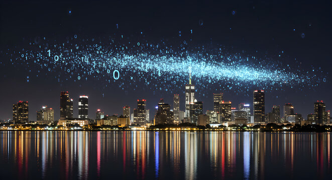 Night Cityscape with Digital Data Stream