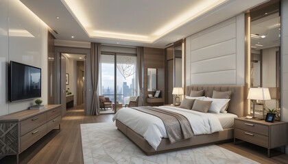 designer interior of contemporary bedroom with comfortable bed and luxurious finishings and LED lights