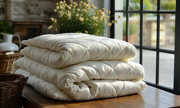 Stack of folded off-white quilted mattress toppers on a wooden surface near a window.