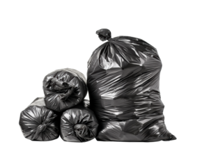Collection of black trash bags for waste disposal and recycling, cut out transparent