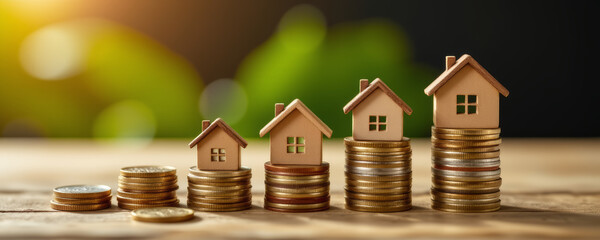 Rows of small houses with stacked coins showing financial growth and investment concept in warm light