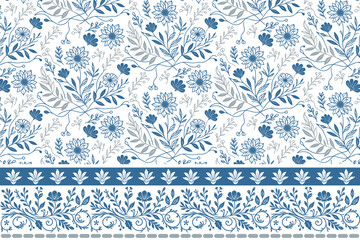 seamless floral design one line style.white background modern fashion sketch petals.border embroidery pillow cover blue floral.hand drawn minimalism home textile texture.clean floral elements simple p