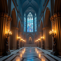 Gothic Cathedral Interior Blue Stained Glass Candelabra Statues