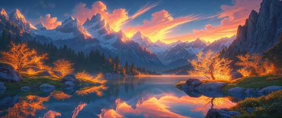 Naklejka premium A breathtaking sunset casts warm hues over a tranquil lake surrounded by towering mountains and glowing trees. The reflection creates a serene atmosphere in nature's beauty