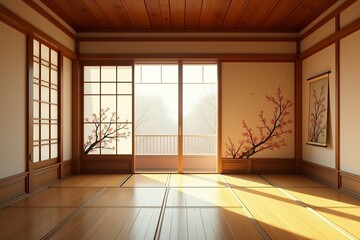 Serene Japanese room design sunlight streams through shoji screens peaceful zen atmosphere