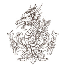 Intricate Dragon Design Featuring Flames and victorian pattern