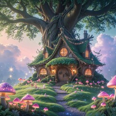 Obraz premium A whimsical cottage sits beneath a massive tree, with glowing mushrooms scattered around an inviting path. The sky is painted in soft pastel colors as twilight approaches