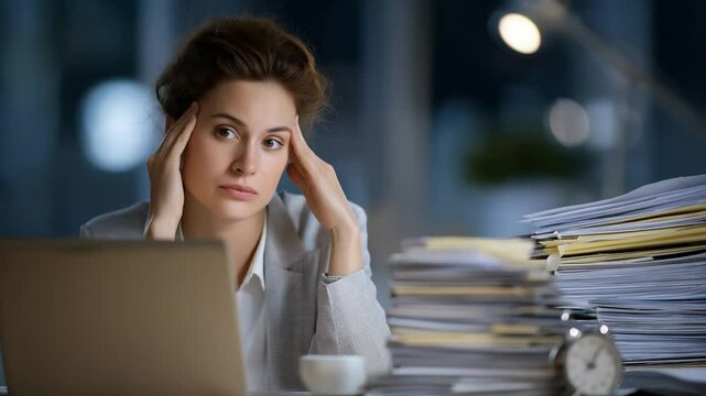 Exhausted female lawyer in dimly lit office surrounded by documents