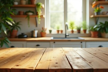 Rustic kitchen table bathed in sunlight plants adding life and warmth inviting atmosphere