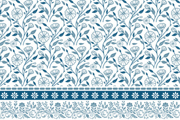 seamless home textile border embroidery.blue floral petals one-line fashion design.pillow cover sketch floral texture white background.modern hand drawn minimalism outline.simple petal clean floral el